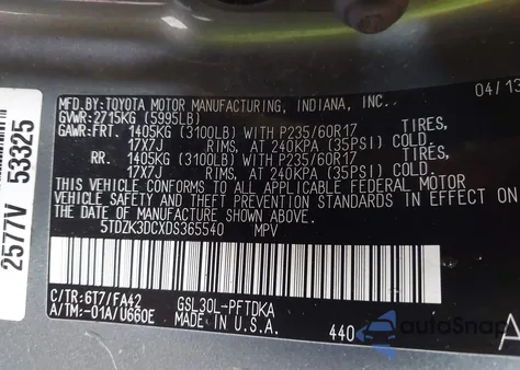 2013 Toyota Sienna L V6 7 Passenger z USA, uszkodzony, nr VIN 5TDZK3DCXDS365540